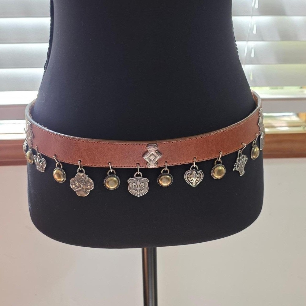 Vintage Brighton L Brown Leather Charm Medallion Belt Silver Buckle Heart 30-34"